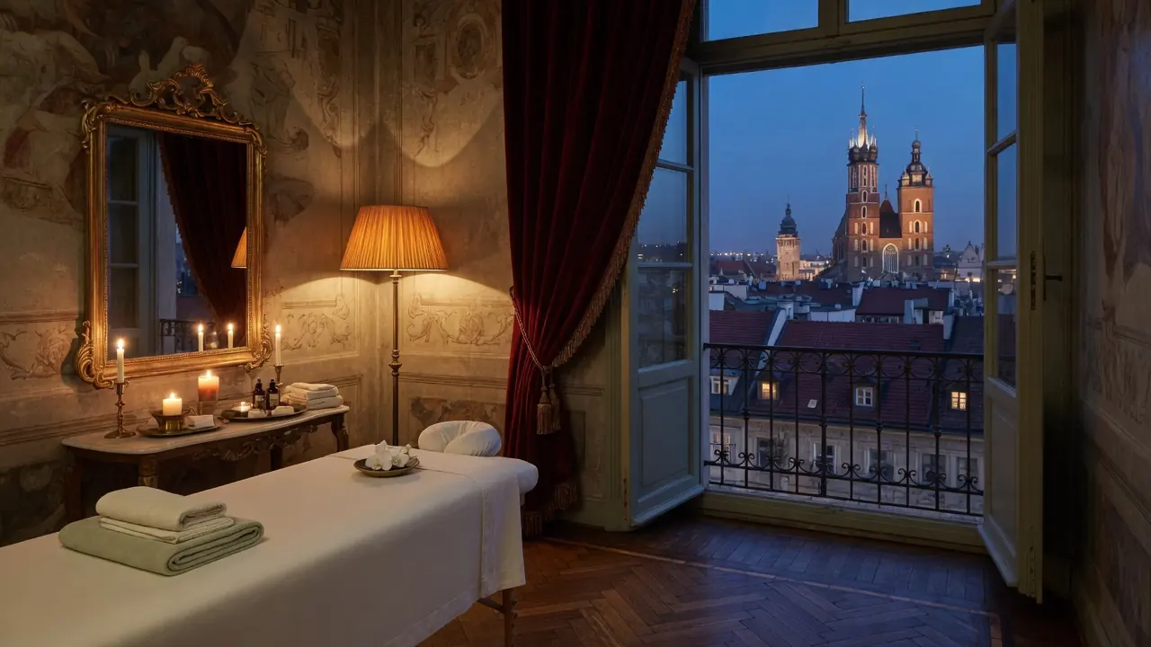 Erotic massage Krakow: a candlelit massage room with crimson curtains, the window open on the Old Town and St. Mary's Basilica at dusk